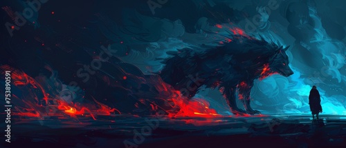  a man standing in front of a wolf in a dark forest with red and blue flames coming out of it. photo
