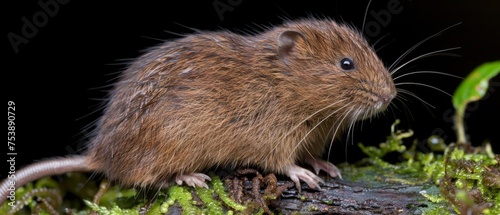  a close up of a rodent on a mossy surface with a leafy plant in the foreground.