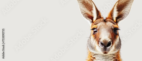  a close up of a kangaroo's face with a surprised look on it's face, against a white background.