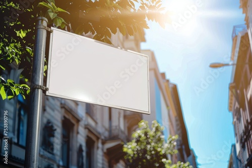 Blank banner on a sunny city street. Street mockup concept. Template for design, advertising, banner. 