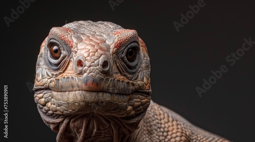  a close up of a lizard's face on a black background with a black back ground and a black back ground. © Jevjenijs