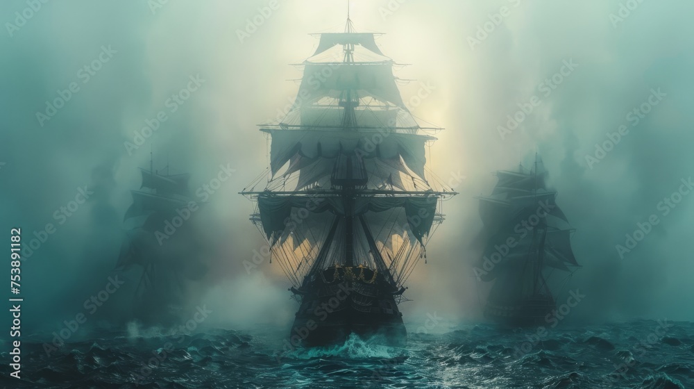  a painting of a ship in the middle of a body of water with a lot of smoke coming out of it.
