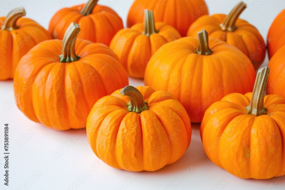 A row of orange pumpkins with their stems still attached A row of orange pumpkins with their stems still attached