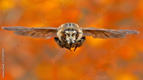  a close up of a bee flying with it's wings spread out and it's head in the air.