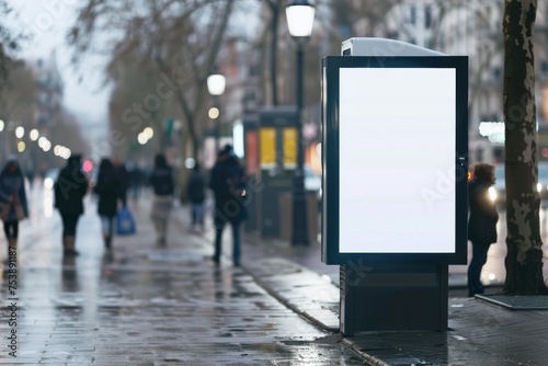 Blank advertising panel on a rainy city sidewalk. Street mockup concept. Template for design, advertising, banner. Modern frame