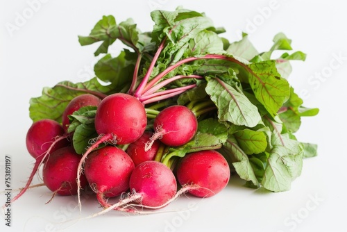 A bunch of radishes and green leaves