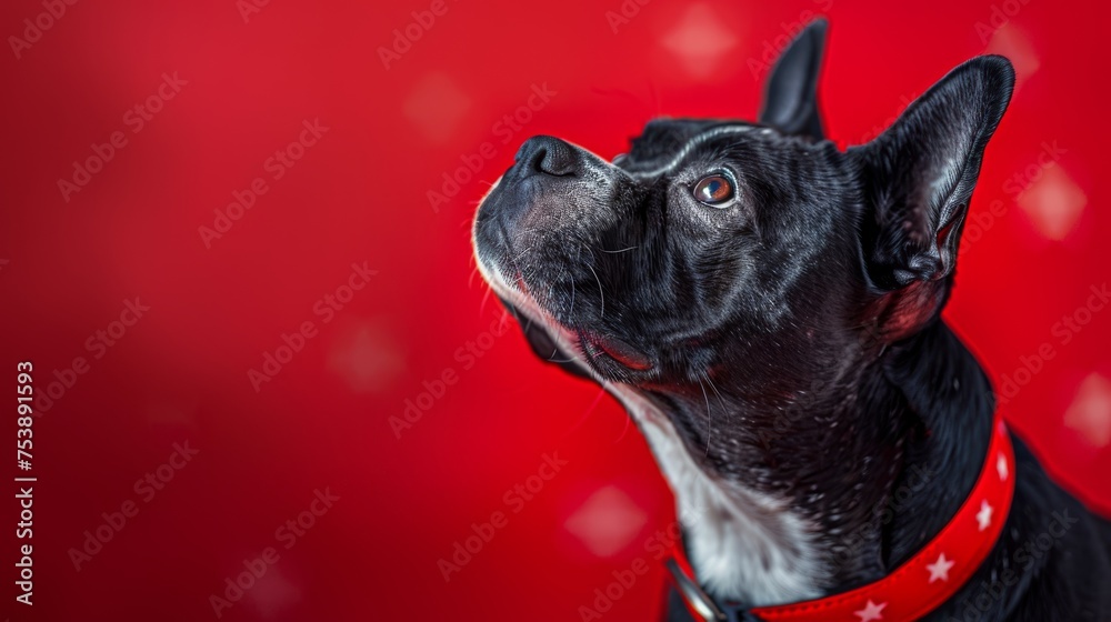  a black and white dog with a red collar and stars on it's collar, looking up to the sky.