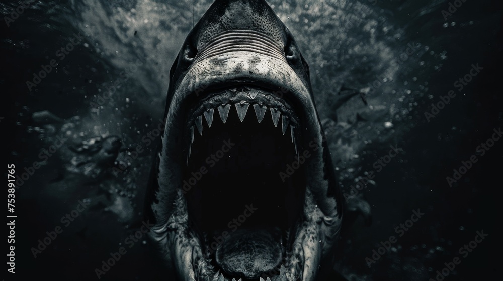  a black and white photo of a shark with it's mouth open and it's mouth wide open. - obrazy, fototapety, plakaty 
