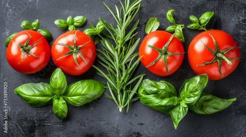  a group of tomatoes and basil on a black surface with a sprig of rosemary in the foreground.