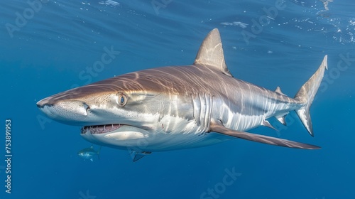  a great white shark with its mouth open and a fish in it's mouth swimming in the blue water.