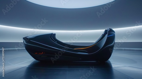 a futuristic car sits in the middle of a room with a circular ceiling and a circular light in the center of the room.