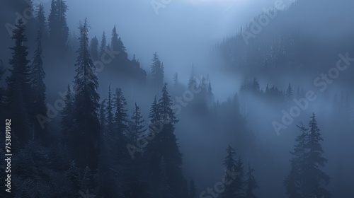  a foggy forest with pine trees in the foreground and the sun shining through the fog in the distance.