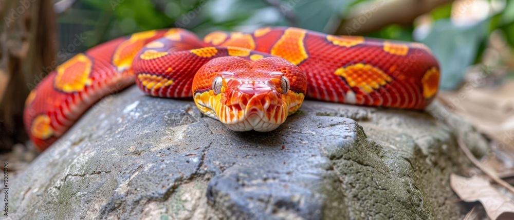  a red and yellow snake laying on top of a large rock in a zoo enclosure with trees in the background.