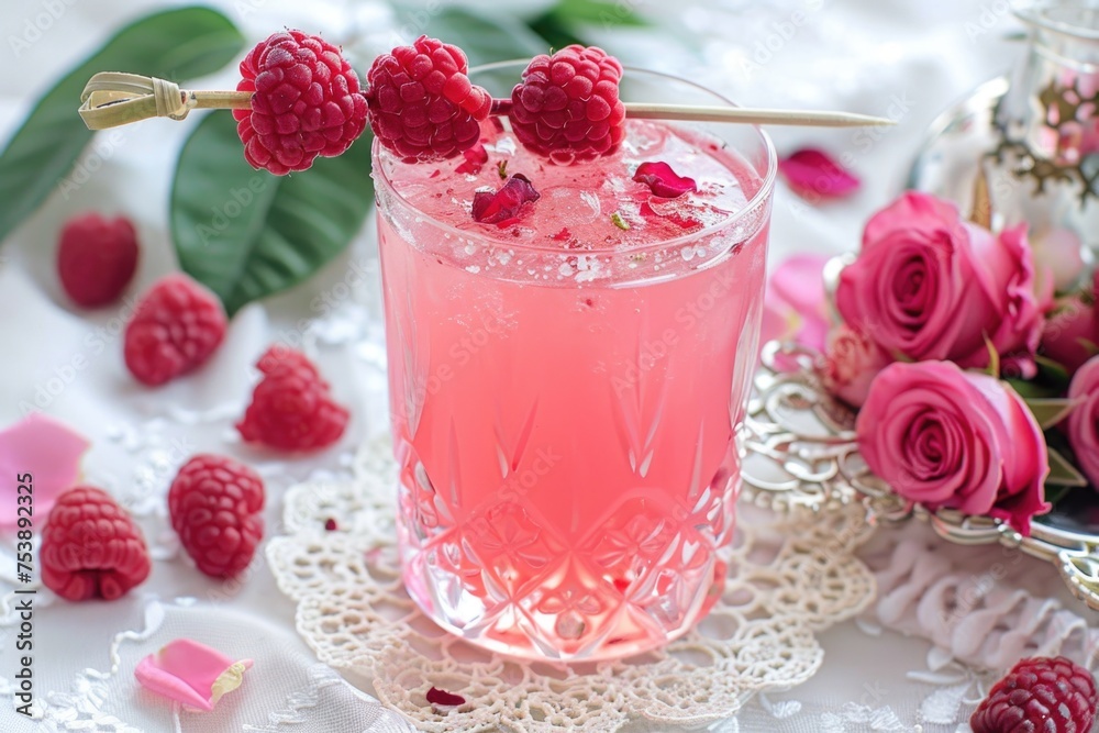 A glass of pink drink with a skewer of raspberries in it A glass of pink drink with a skewer of raspberries in it