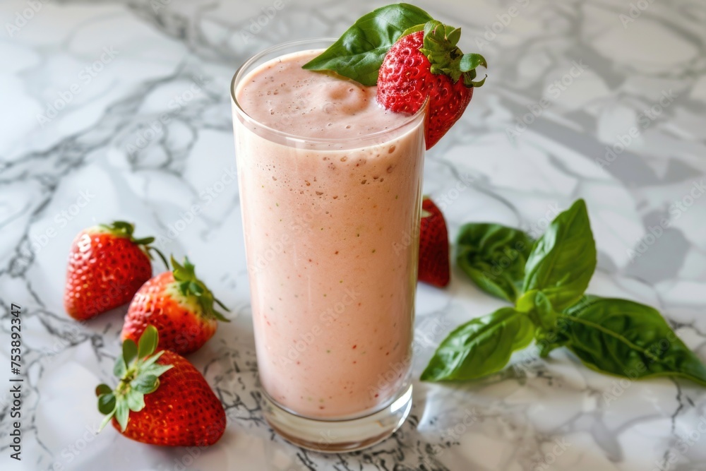 A glass of strawberry smoothie with a strawberry on top A glass of strawberry smoothie with a strawberry on top