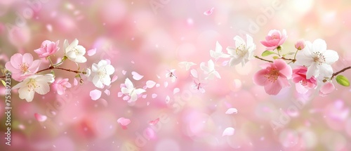  a close up of a bunch of flowers on a branch with a blurry background of pink and white flowers.