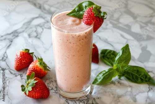 A glass of strawberry smoothie with a strawberry on top