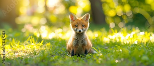  a baby fox sitting on top of a lush green grass covered field next to a forest filled with lots of trees.