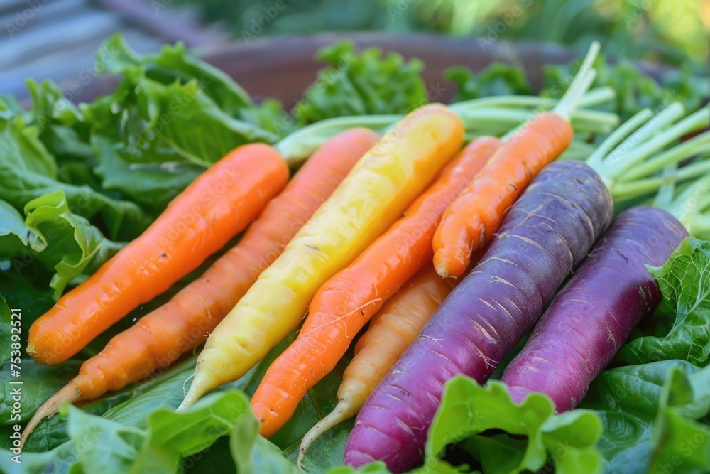 A bunch of carrots are on top of a bed of lettuce A bunch of carrots are on top of a bed of lettuce