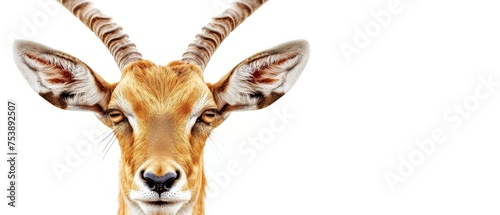  a close - up of a gazelle's head with very long horns, looking at the camera, on a white background.