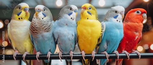  a group of multicolored parakeets sitting on top of a metal bar in front of a building. photo