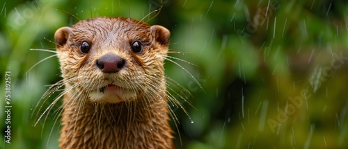  a close up of a wet otter looking at the camera with a blurry background of trees in the background. photo