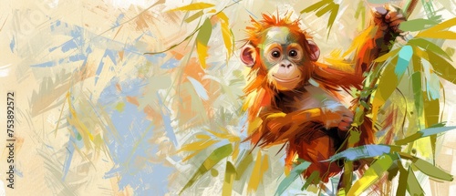  a digital painting of a monkey hanging from a tree with leaves on it's back and a blue sky in the background.