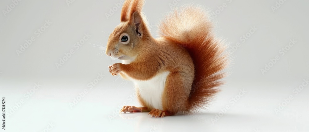  a red squirrel standing on its hind legs with its front paws in the air and looking up at the camera.