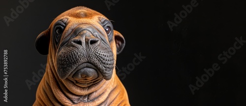  a close up of a dog s face on a black background with a black background and a black background.