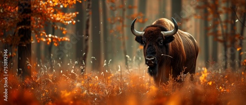  a bison standing in the middle of a forest surrounded by tall grass and trees with orange leaves on the ground.