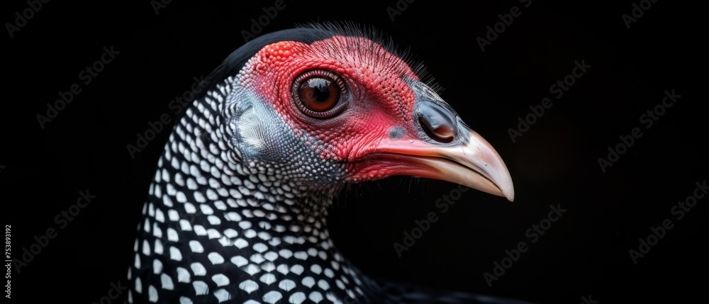 a close up of a red and black bird with a white spot on it's head and a black background. a close up of a red and black bird with a white spot on it's head and a black background.