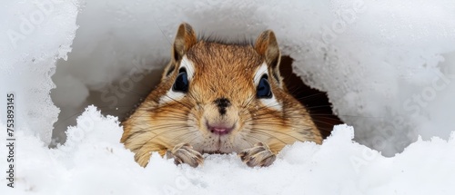  a close up of a squirrel poking its head out of a hole in the snow with it's mouth open. photo