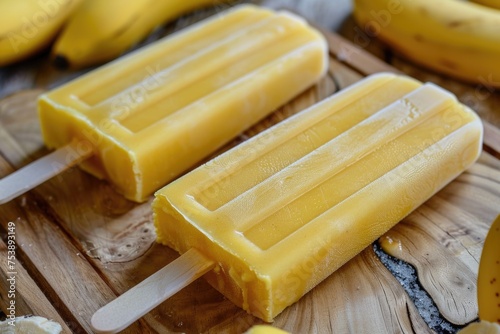 Two popsicles with a banana on top of them