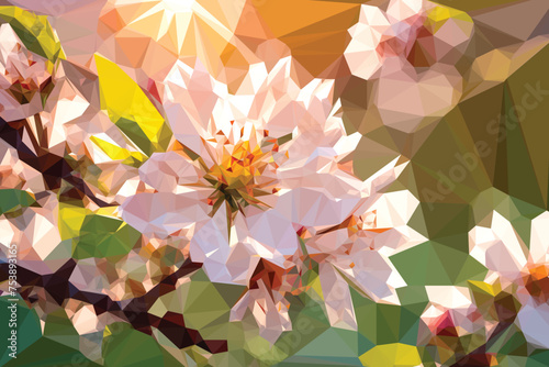 Low poly cartoon flowers of cherry blooms tree