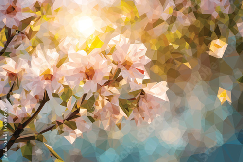 Low poly cartoon flowers of cherry blooms tree