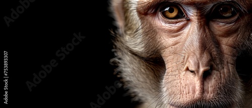  a close - up of a monkey's face with a serious look on it's face, against a black background.