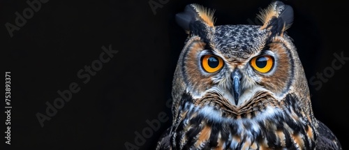  a close up of an owl's face on a black background with a yellow - eyed owl in the foreground.