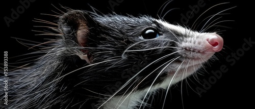  a close - up of a black and white rat's face, looking up at something with a black background. © Jevjenijs