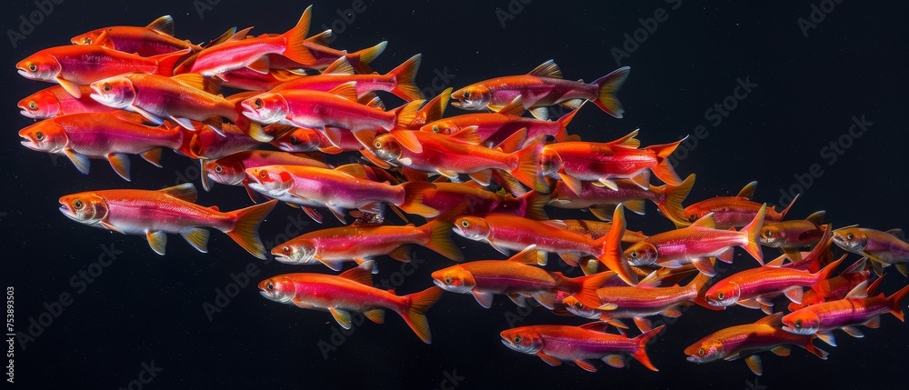  a large group of fish swimming next to each other in a body of water with a black back ground and a black back ground.