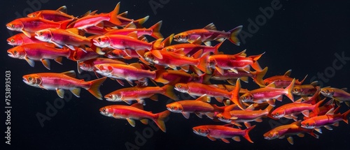  a large group of fish swimming next to each other in a body of water with a black back ground and a black back ground.