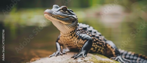  a close up of a small alligator on a rock near a body of water with grass and trees in the background.