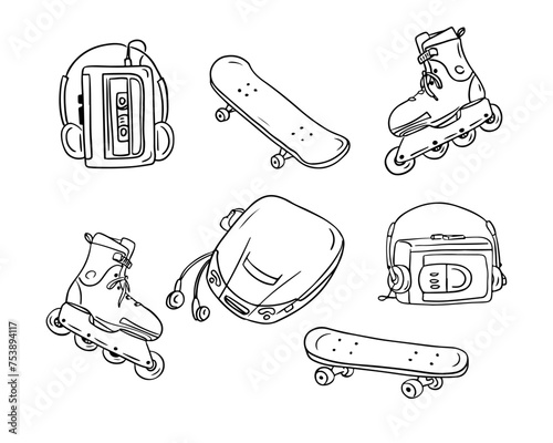 Retro 90s street style items in sketchy technique. Vector contour doodle drawings isolated on white background. Retro concept. Ideal for coloring pages, tattoo, pattern