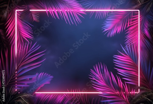 Neon border surrounding tropical palm leaf design  reflecting an anime aesthetic  vibrant dark pink and blue tones  purple neon composition  evoking the essence of contemporary gaming aesthetics.