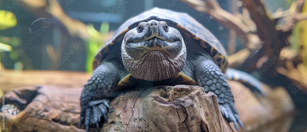 a close up of a turtle on a log in a glass enclosure with trees and plants in the back ground. a close up of a turtle on a log in a glass enclosure with trees and plants in the back ground.