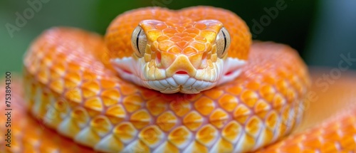  a close up of a snake's head on top of another snake's head, with a blurry background.