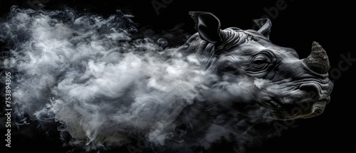  a rhino's head with smoke coming out of it's mouth on a black background with a black background. © Jevjenijs