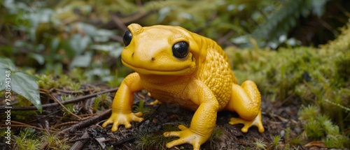  a close up of a yellow frog on the ground with plants and grass in the back ground and bushes in the background. © Jevjenijs
