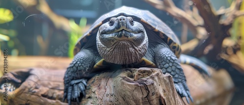  a close up of a turtle on a log in a glass enclosure with trees and plants in the back ground.