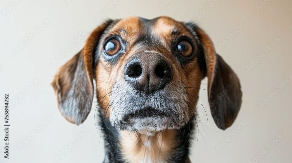  a close up of a dog's face with a sad look on it's face, with a white wall in the background.