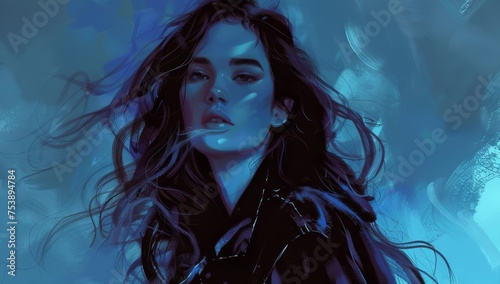  a digital painting of a woman with long hair and a leather jacket on her shoulders, with a blue background.